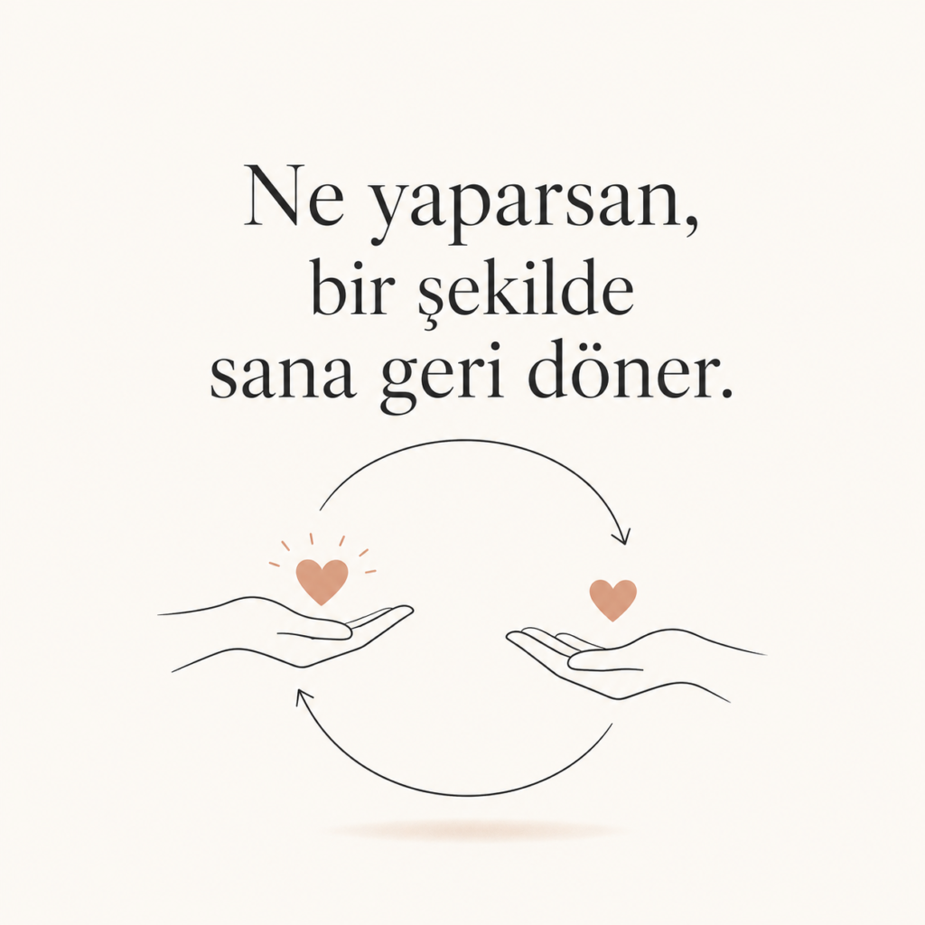 Ne yaparsan sana geri döner sözünü anlatan, iyilik yapmanın insana geri dönüşünü simgeleyen minimalist görsel.